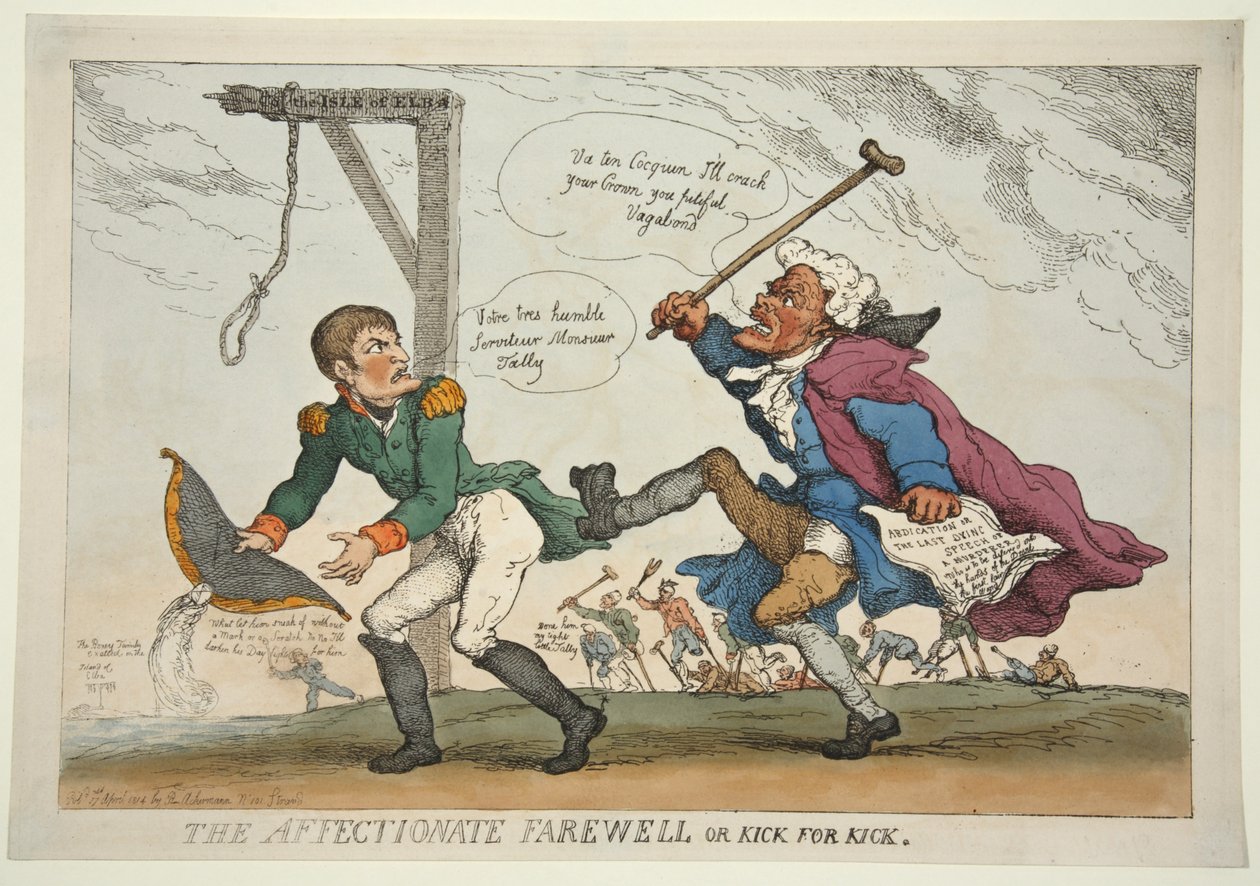 Det kærlige farvel eller Kick for Kick, pub. 1814 (håndfarvet gravering) af Thomas Rowlandson