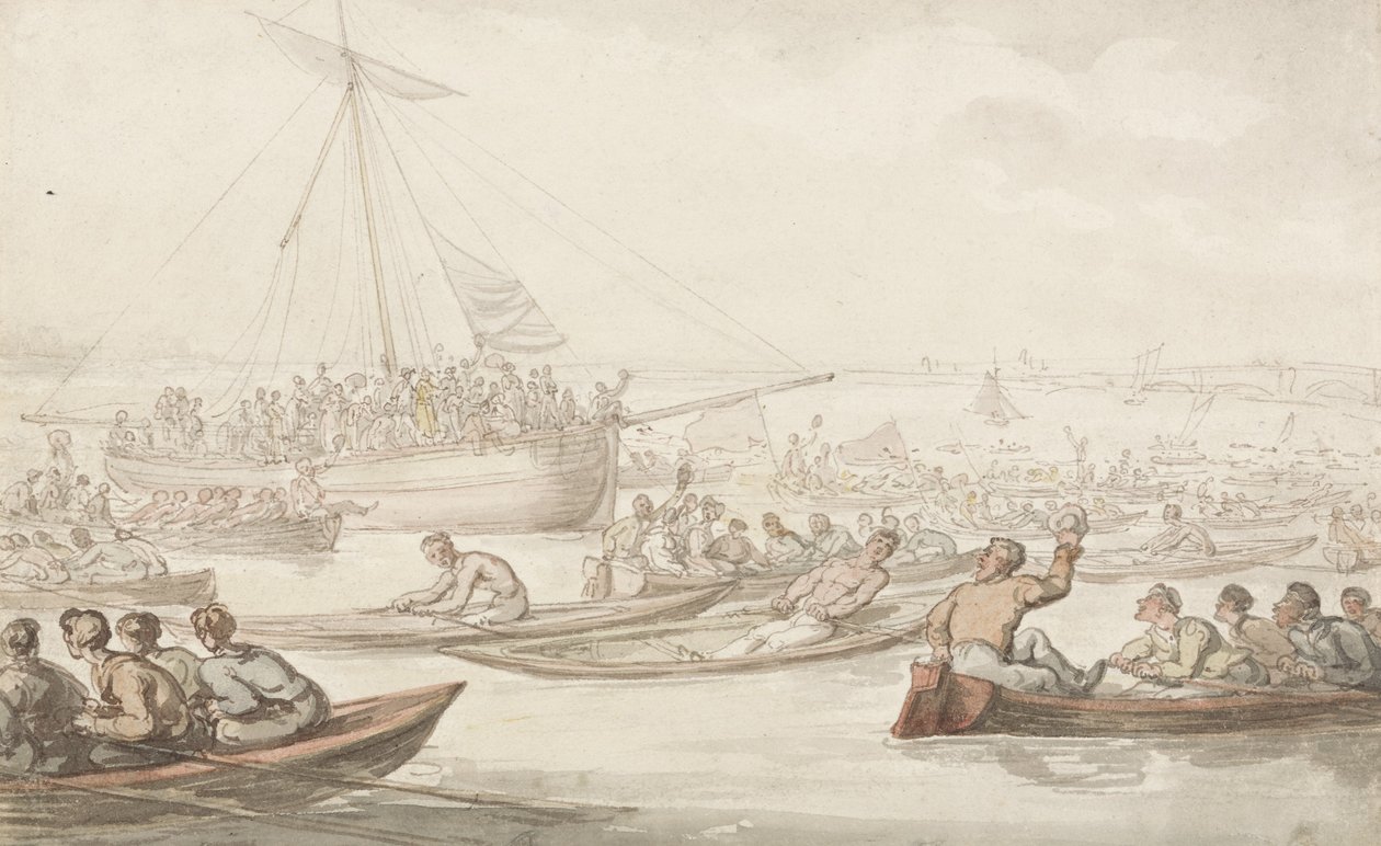 Det årlige scullingløb for Doggetts frakke og badge, ca. 1805-10 (blyant, pen, blæk og akvarel på papir) af Thomas Rowlandson