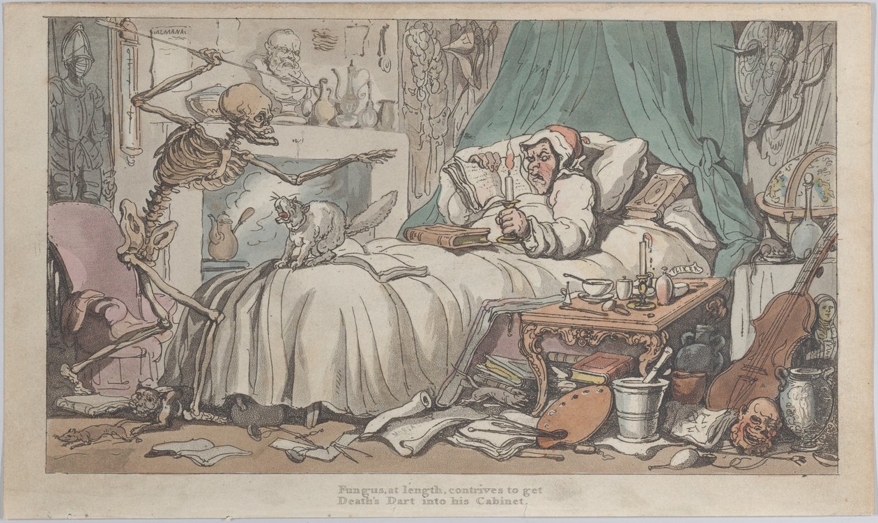 Antikvariets sidste vilje og testamente fra Den engelske dødedans, bd. I, plade 2..., 1816. af Thomas Rowlandson