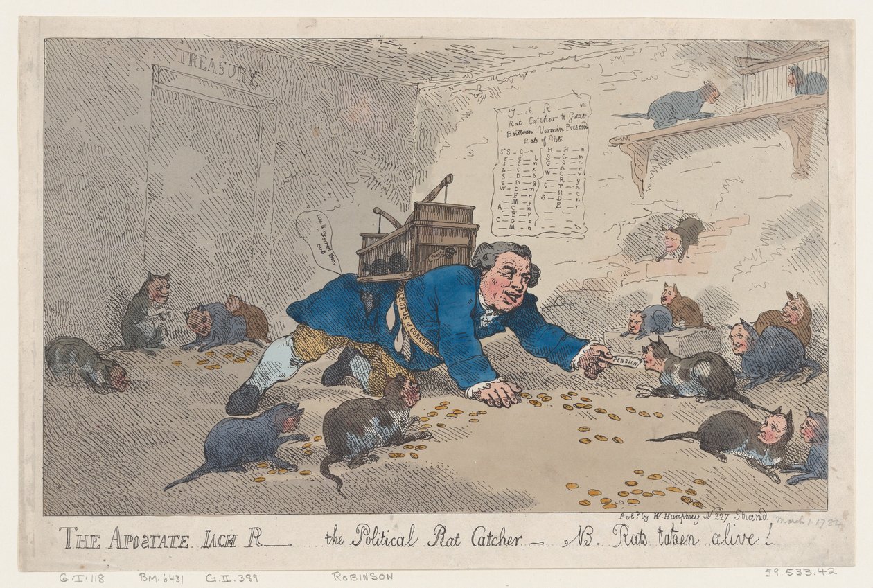 Den frafaldne Jack Robinson, Den politiske rottefanger-N.B. Rotter taget i live!, Mar..., 1. marts 1784. af Thomas Rowlandson