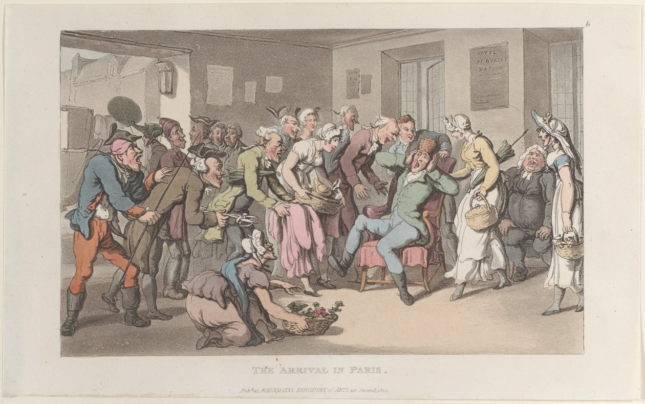 Ankomsten til Paris, fra Journal of Sentimental Travels in the Southern Provinces of Fr..., 1820. af Thomas Rowlandson