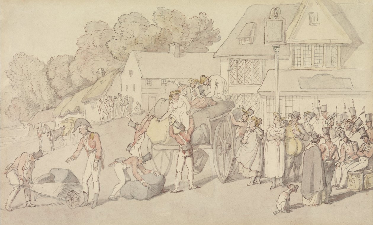 En militskompagnis ankomst til en kro af Thomas Rowlandson