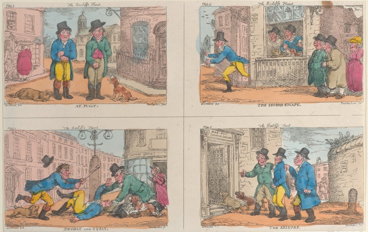 Fogedens jagt: Ved skyld, den anden flugt, dobbelt og hug, og beslaglæggelsen, 1809., 1809. af Thomas Rowlandson