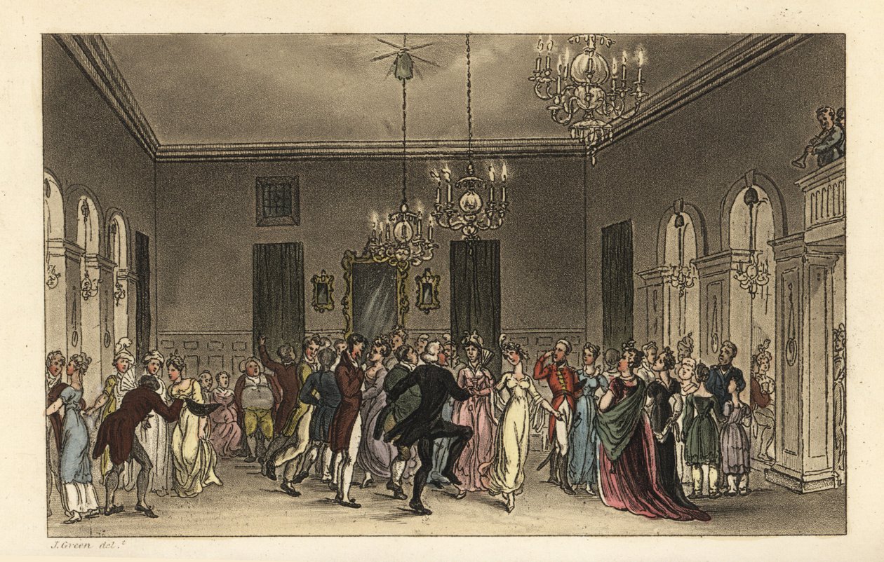 The Ball Room: fashionable turister, der danser i Scarborough Assembly Rooms. Hver herre, der danser, betaler 2s, og hver dame, der drikker te, betaler 1s. Håndfarvet kobberstik af Thomas Rowlandson efter en skitse af J. Green fra Poetical Sketches af Thomas Rowlandson