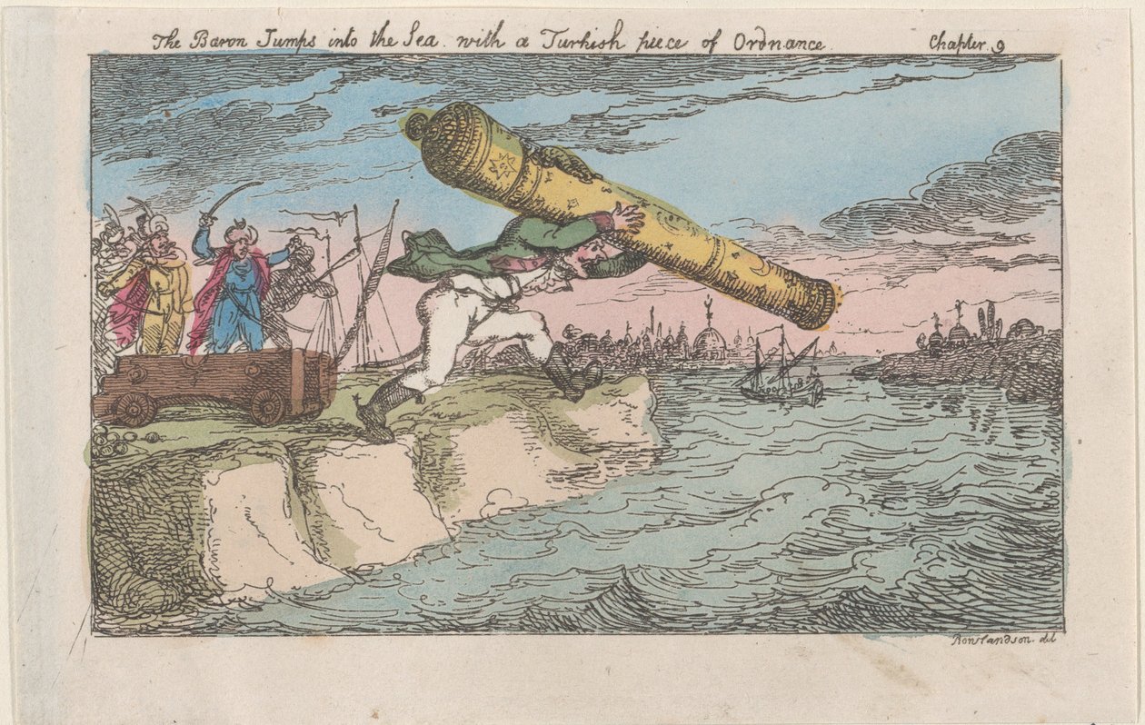 Baronen hopper i havet med et tyrkisk stykke ammunition, [1809], re..., [1809], genudgivet 1811. af Thomas Rowlandson