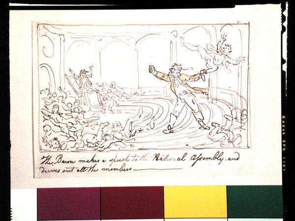Baronen holder en tale til nationalforsamlingen og driver alle medlemmer ud (pen & blæk og akvarel på papir) af Thomas Rowlandson
