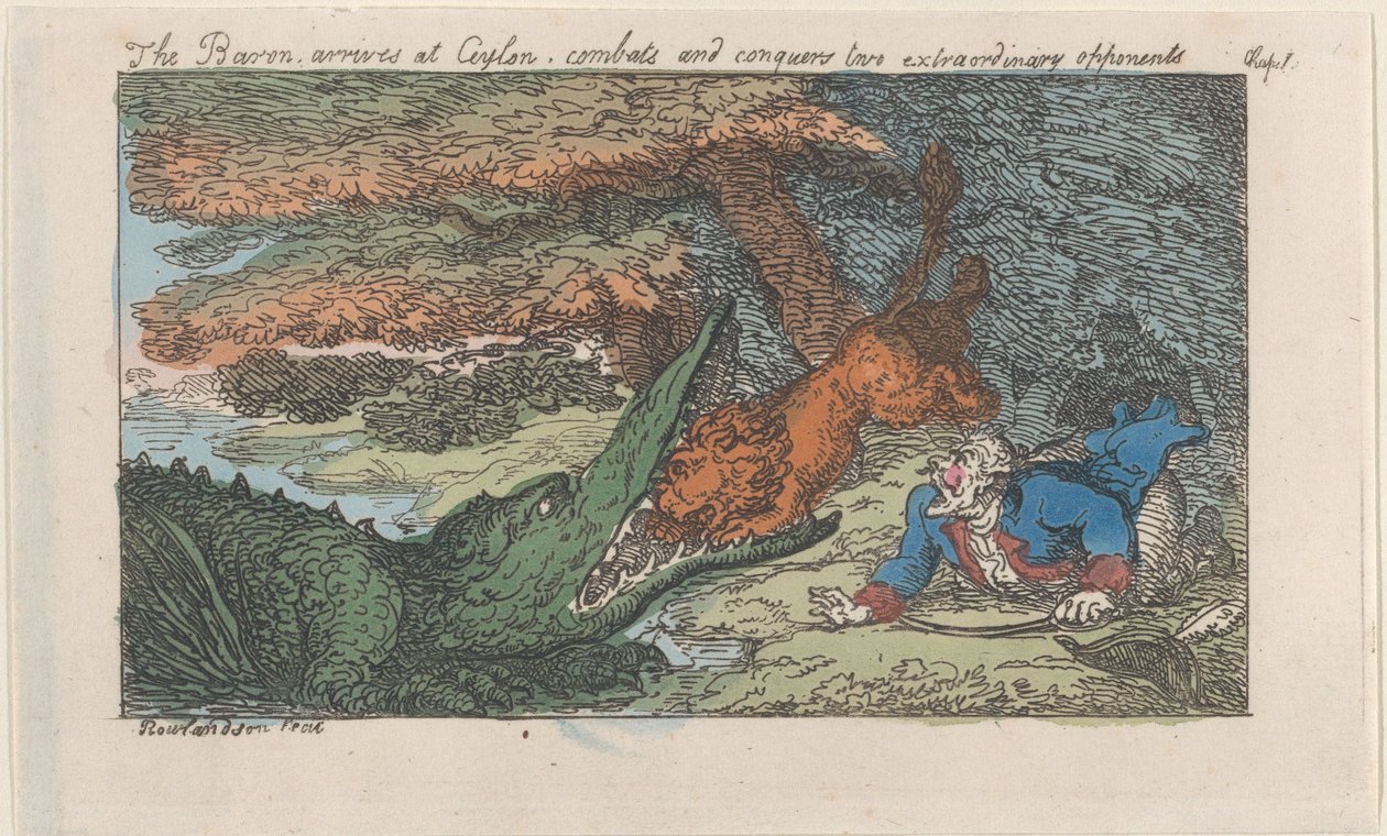 Baronen ankommer til Ceylon, bekæmper og erobrer to ekstraordinære modstandere, [1809], genudgivet 1811. af Thomas Rowlandson