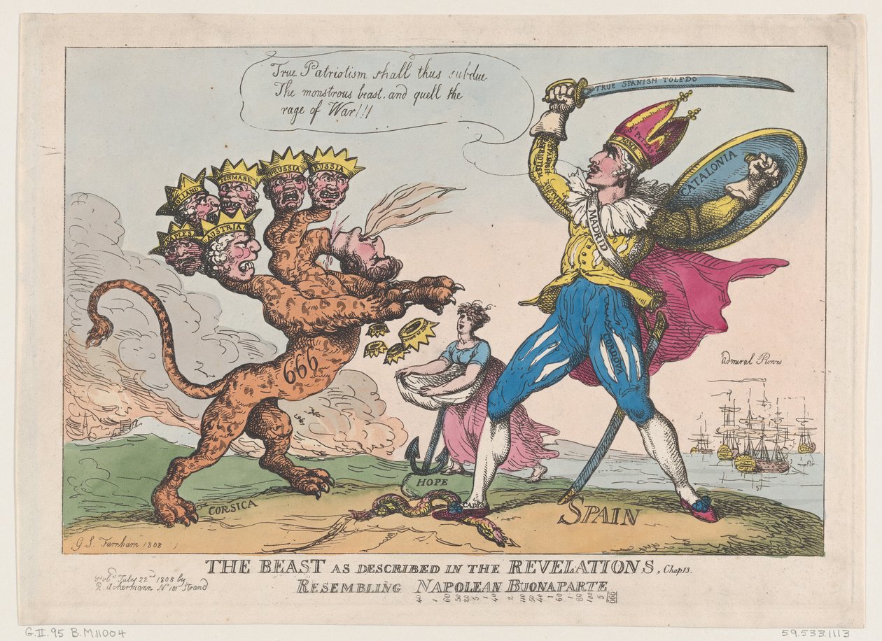 Dyret som beskrevet i Åbenbaringerne, kapitel. 13, Ligner Napoleon Buonaparte..., 22. juli 1808. af Thomas Rowlandson