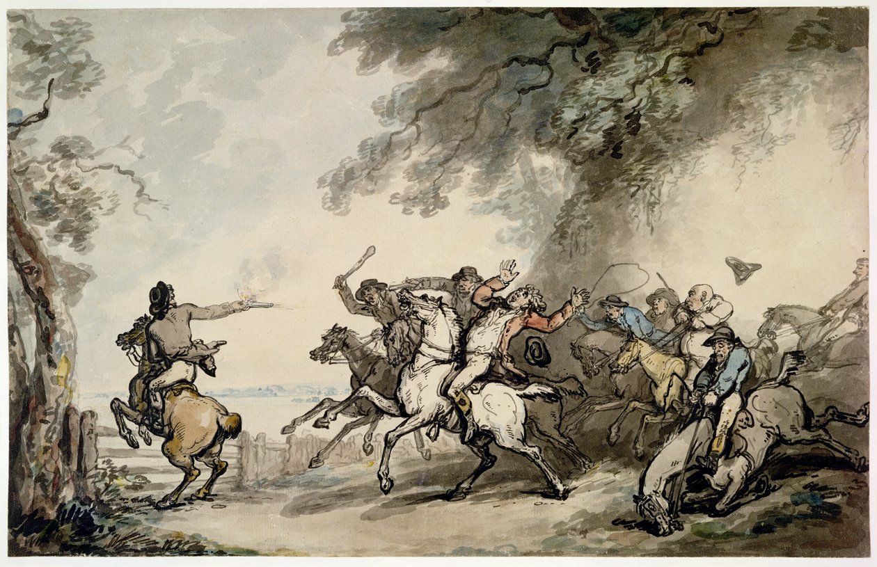 Jagten på en landevejsrøver, ca. 1790 (pen, blæk, blæk, vat og blyant på papir) af Thomas Rowlandson