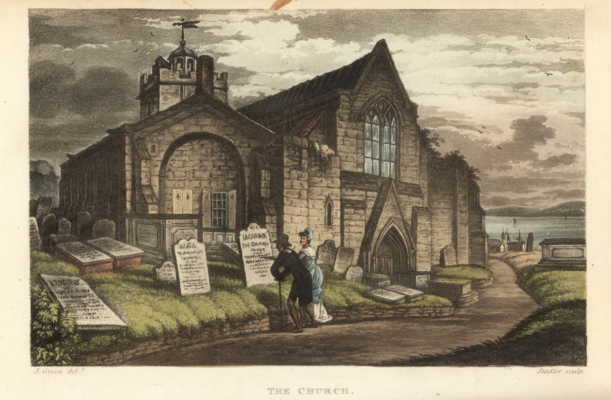 Kirken: gamle turister læser gravstenene på en gotisk kirkegård. Håndfarvet kobberstik af Thomas Rowlandson, akvatint af J.C. Stadler, efter en skitse af J. Green fra Poetical Sketches of Scarborough, Ackermann, London af Thomas Rowlandson