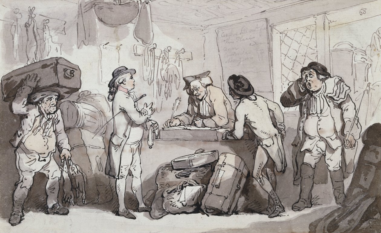 The Coach Booking Office: Thomas Rowlandson og Henry Wigstead reserverer deres passage, af Thomas Rowlandson