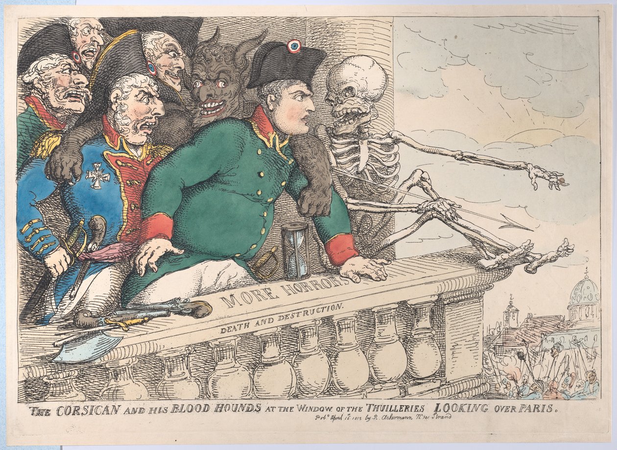 Korsikaneren og hans blodhunde ved vinduet til Thuillerierne, der kigger over P..., 16. april 1815. af Thomas Rowlandson