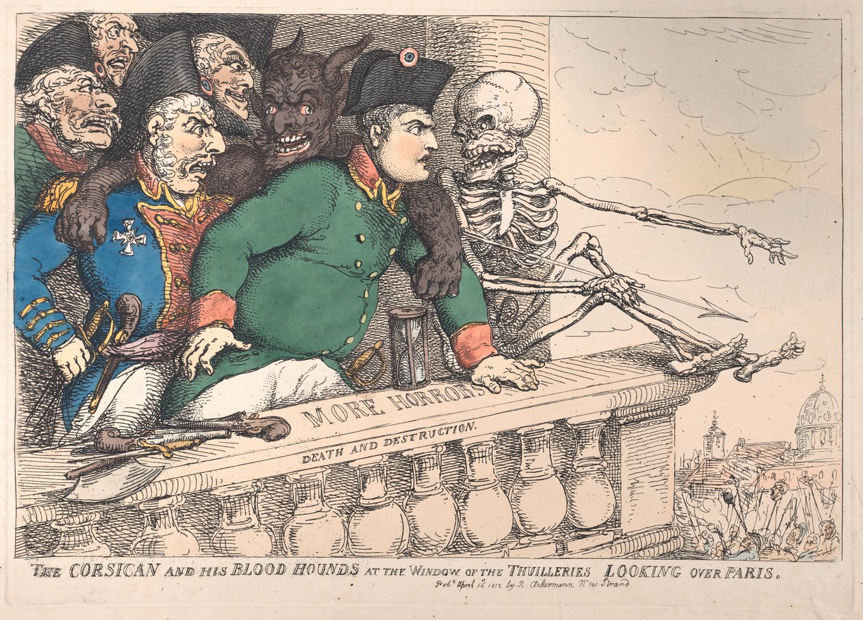 Korsikaneren og hans blodhunde ved vinduet til Thuillerierne, der kigger over P..., 16. april 1815. af Thomas Rowlandson