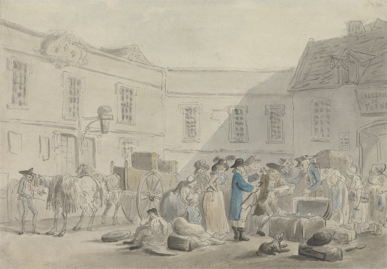 Toldhuset i Boulogne - verso: Grafitskitse af heste, vogne og bygninger (pen & blæk & w/c på papir) af Thomas Rowlandson