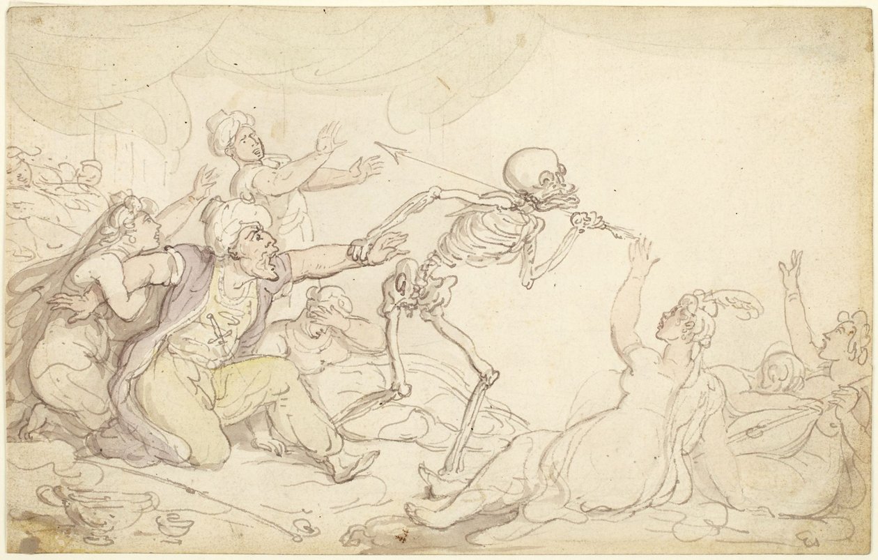 Dødens dans: Naboben pågrebet i sit harem af Thomas Rowlandson