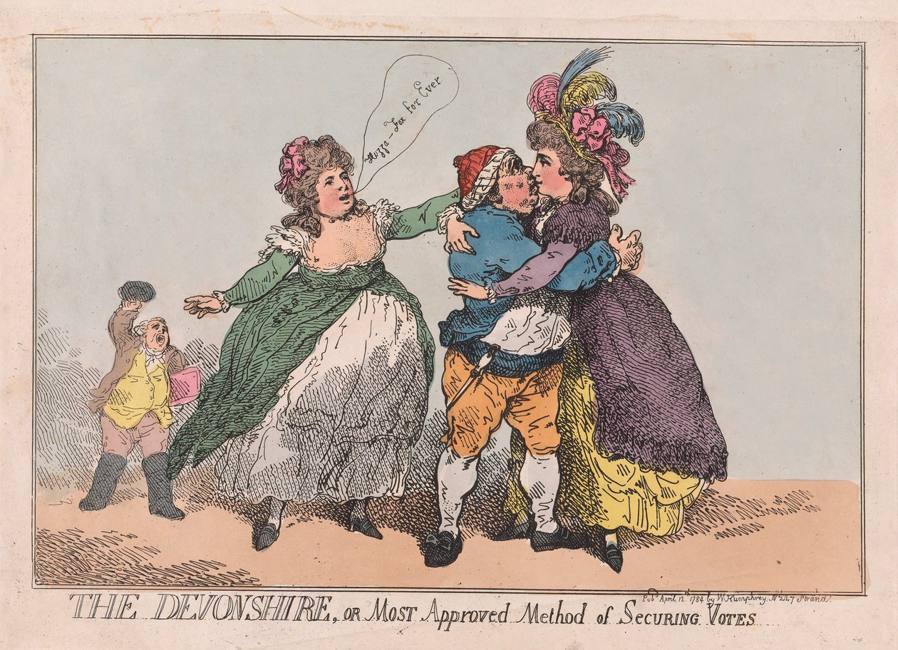 Devonshire, eller den mest godkendte metode til at sikre stemmer, pub. 1784 (håndfarvet gravering) af Thomas Rowlandson