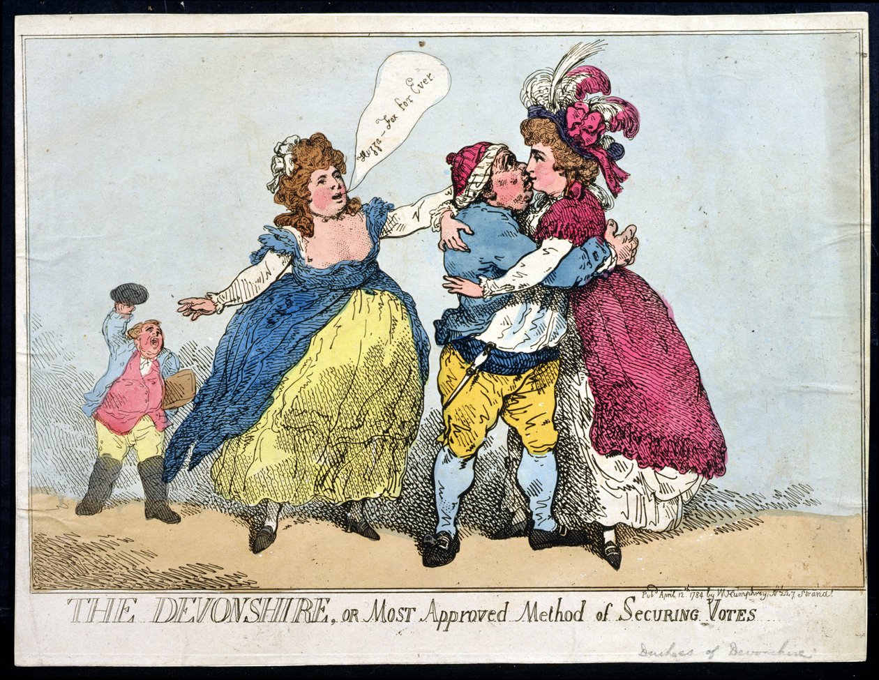 Devonshire, eller mest godkendte metode til at sikre stemmer, udgivet af William Humphrey i 1784 (håndfarvet radering) af Thomas Rowlandson