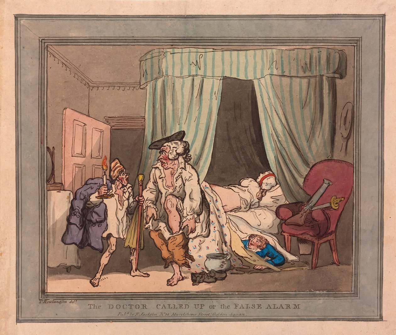 Lægen ringede op eller den falske alarm, pub. 1786 (håndfarvet gravering) af Thomas Rowlandson
