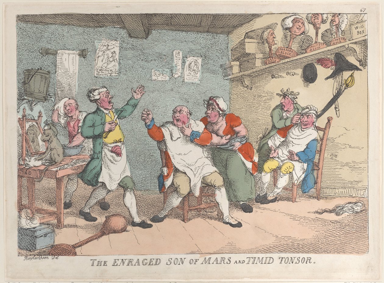 Den rasende søn af Mars og frygtsomme Tonsor, 20. april 1811., 20. april 1811. af Thomas Rowlandson