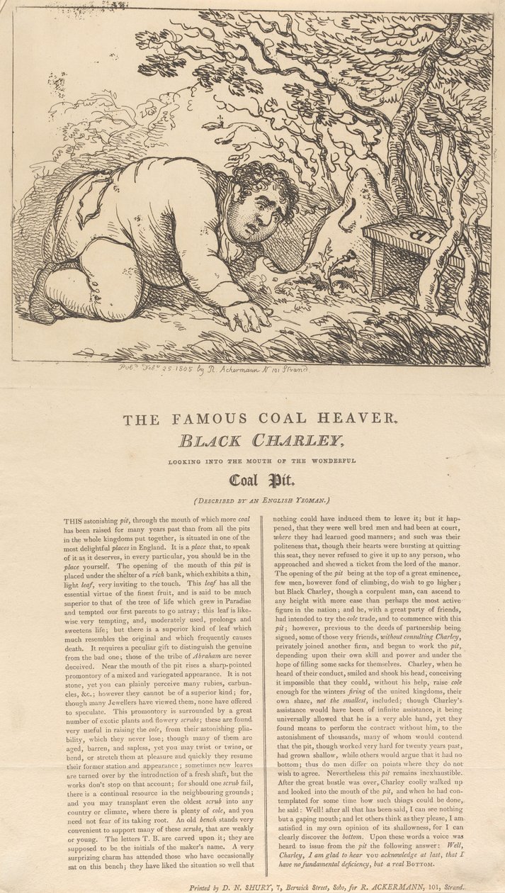 Den berømte kulbærer, Black Charley, kigger ned i indgangen til den fantastiske kulmine af Thomas Rowlandson