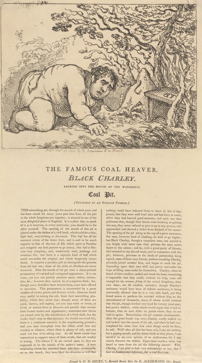 Den berømte kulbærer, Black Charley, kigger ned i indgangen til den fantastiske kulmine af Thomas Rowlandson