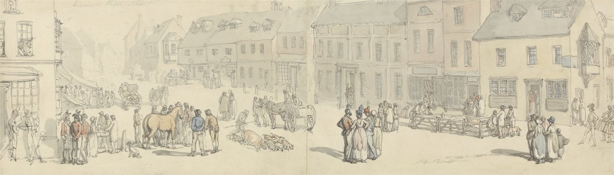 The High Street på markedsdagen, Newport, Isle of Wight, ca. 1797-1800 (pen & blæk & wc på papir) af Thomas Rowlandson