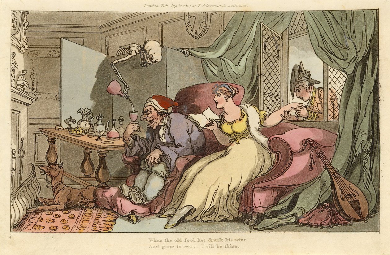 The Honeymoon, fra The English Dance of Death, pub. 1816 (håndfarvet gravering) af Thomas Rowlandson