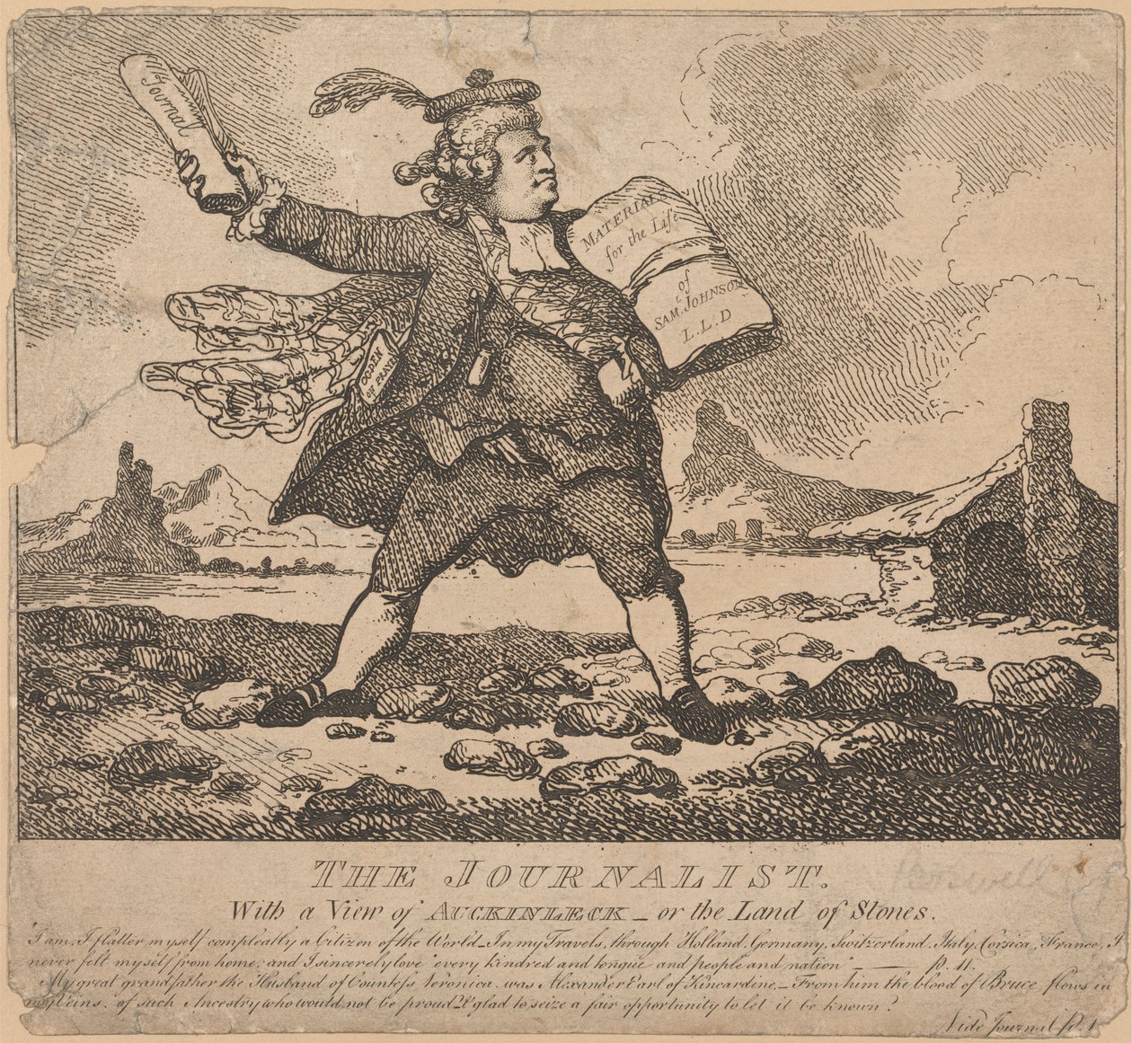 The Journalist, med udsigt til Auchinleck eller Land of Stones af Thomas Rowlandson