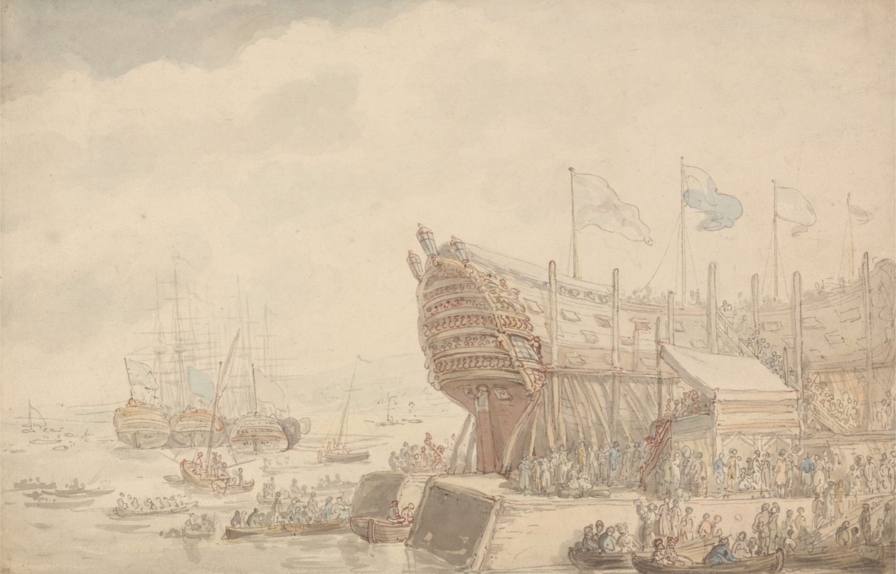 Søsætningen af H.M.S. »Hibernia« i 1804 af Thomas Rowlandson