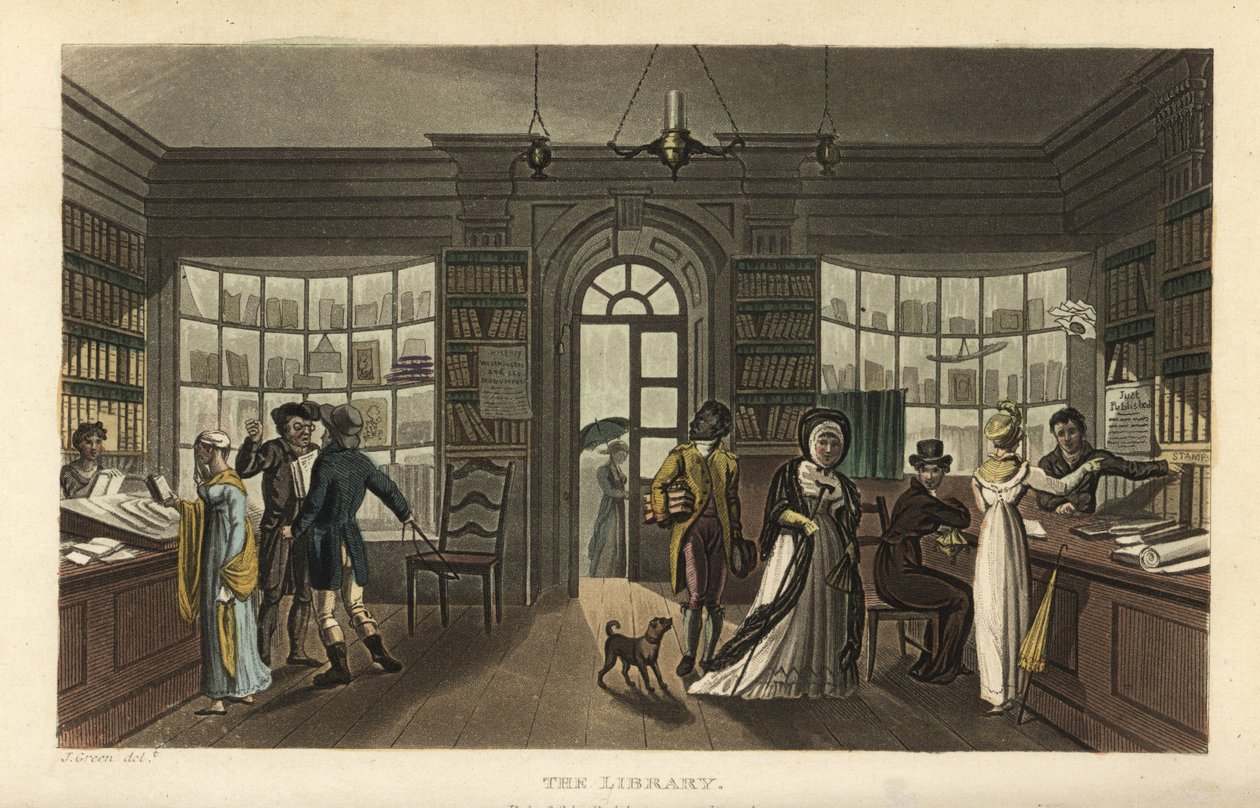Biblioteket. Kunder, herunder en kvinde og hendes sorte tjener, kigger på nye bøger i et cirkulerende bibliotek (måske Ainsworths eller Saums eller Whitings). Håndfarvet kobberstik af Thomas Rowlandson efter en skitse af J. Green fra Poetical S af Thomas Rowlandson