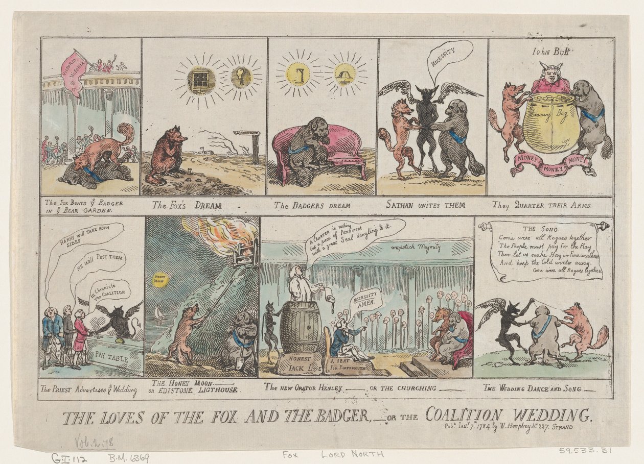 Rævens og Grævlingens kærligheder eller koalitionens bryllup. , 7. Januar 1784., 7. Januar 1784. af Thomas Rowlandson