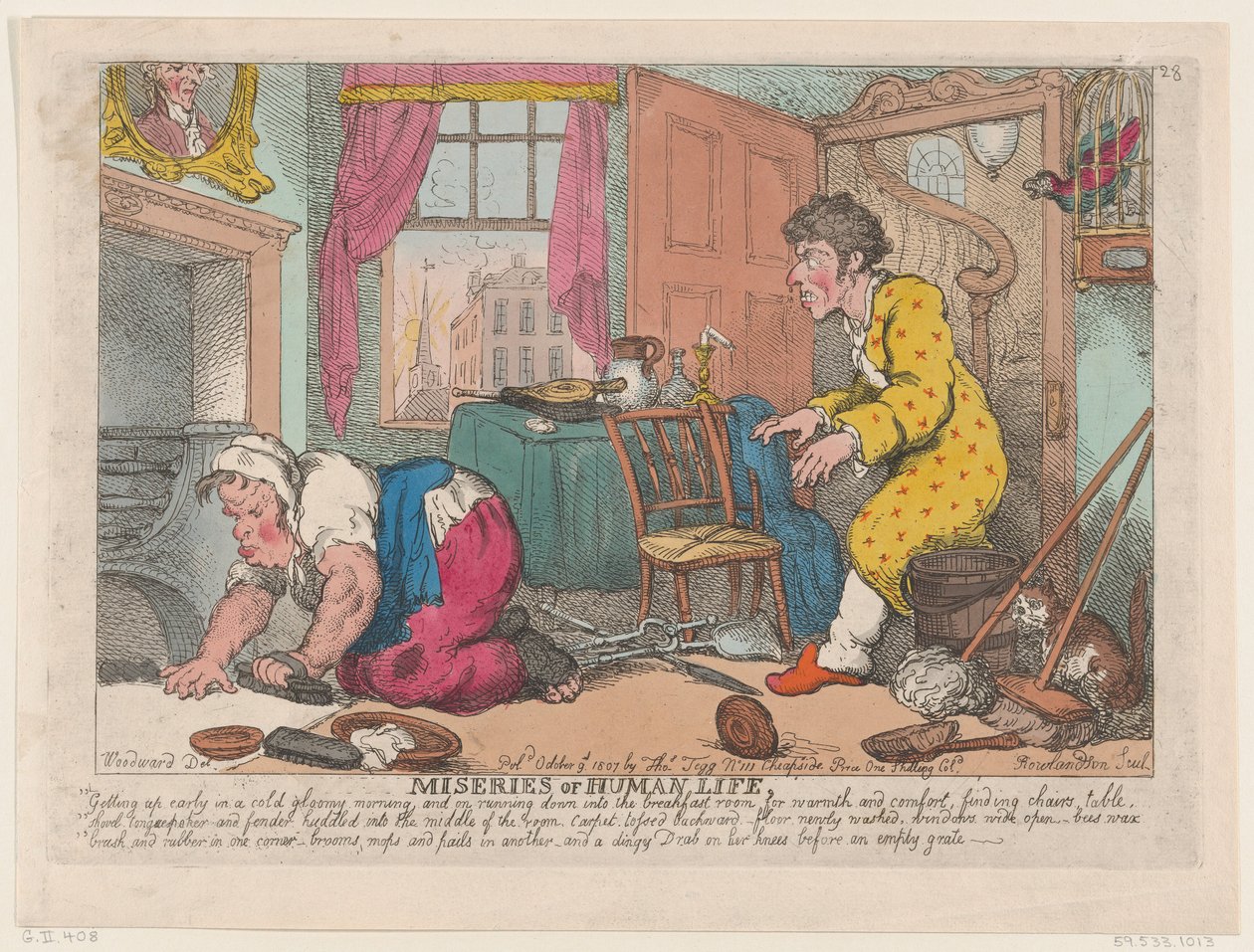 Menneskelivets elendighed: At stå tidligt op i en kold dyster morgen...før ..., 9. oktober 1807. af Thomas Rowlandson