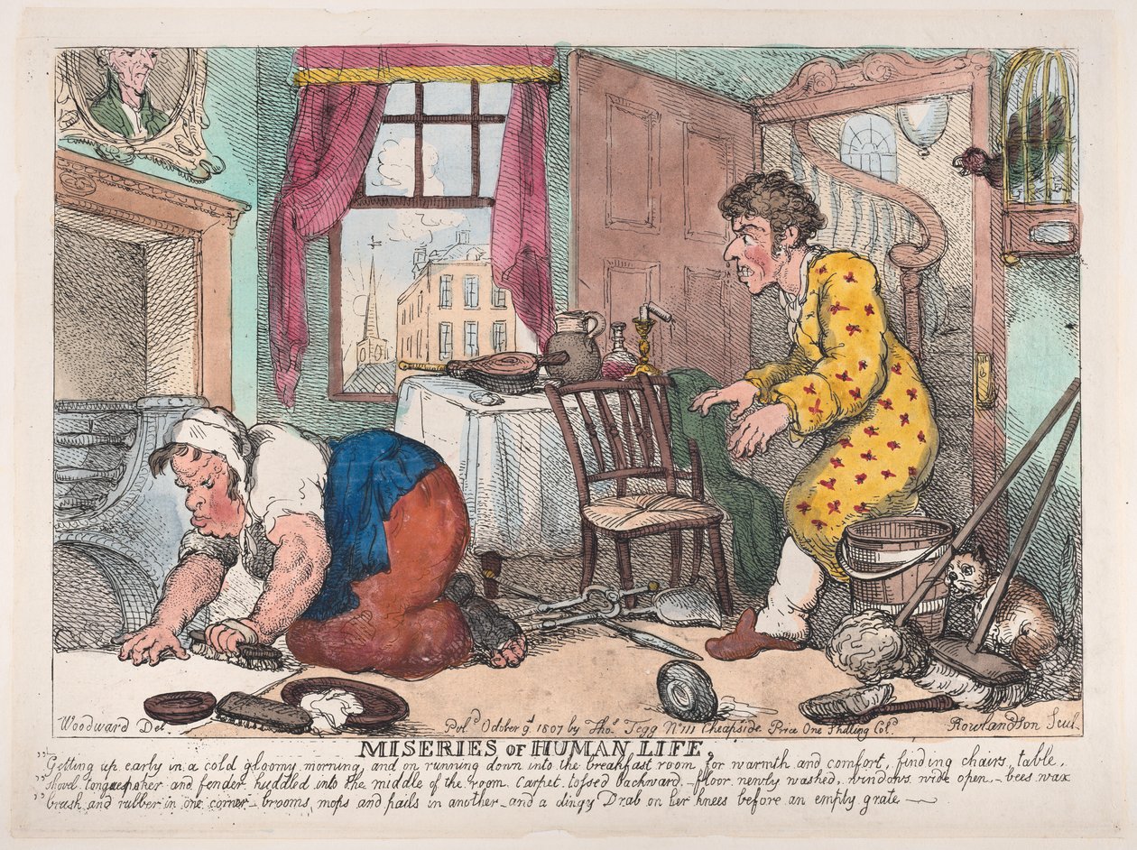 Menneskelivets elendighed: At stå tidligt op i en kold dyster morgen...før ..., 9. oktober 1807. af Thomas Rowlandson