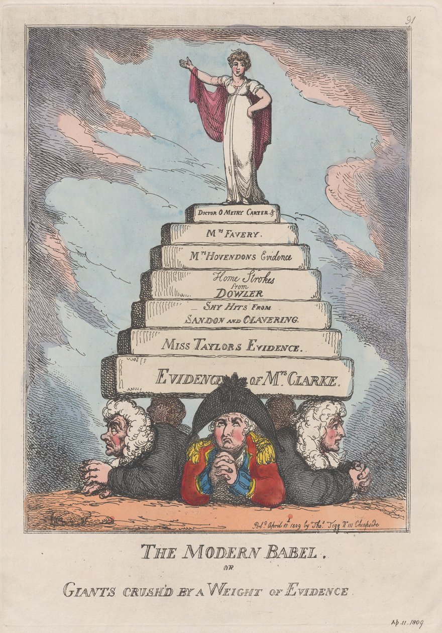 Det moderne Babel, eller kæmper knust af en vægt af beviser, 11. april 1809., 11. april 1809. af Thomas Rowlandson