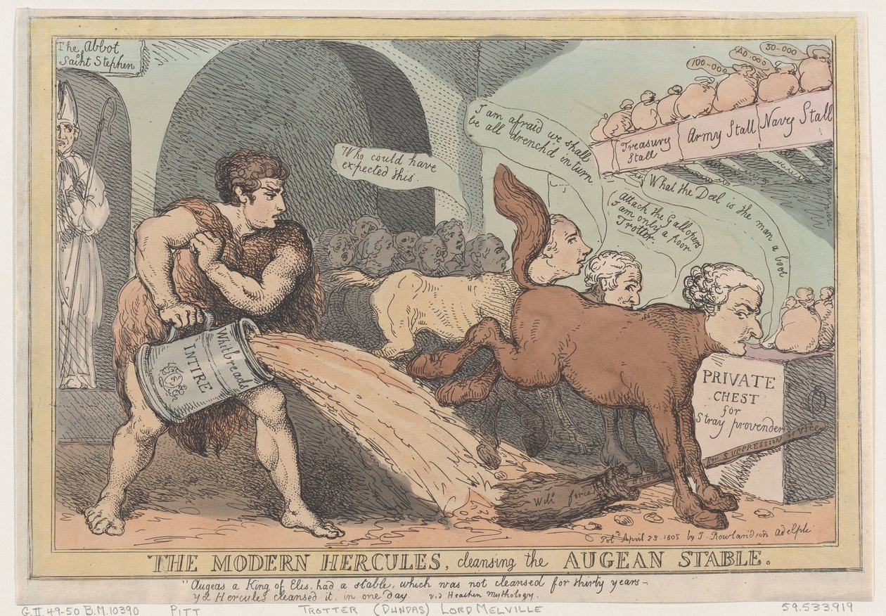 The Modern Hercules, Cleansing the Augian Stald, 23. april 1805., 23. april 1805. af Thomas Rowlandson