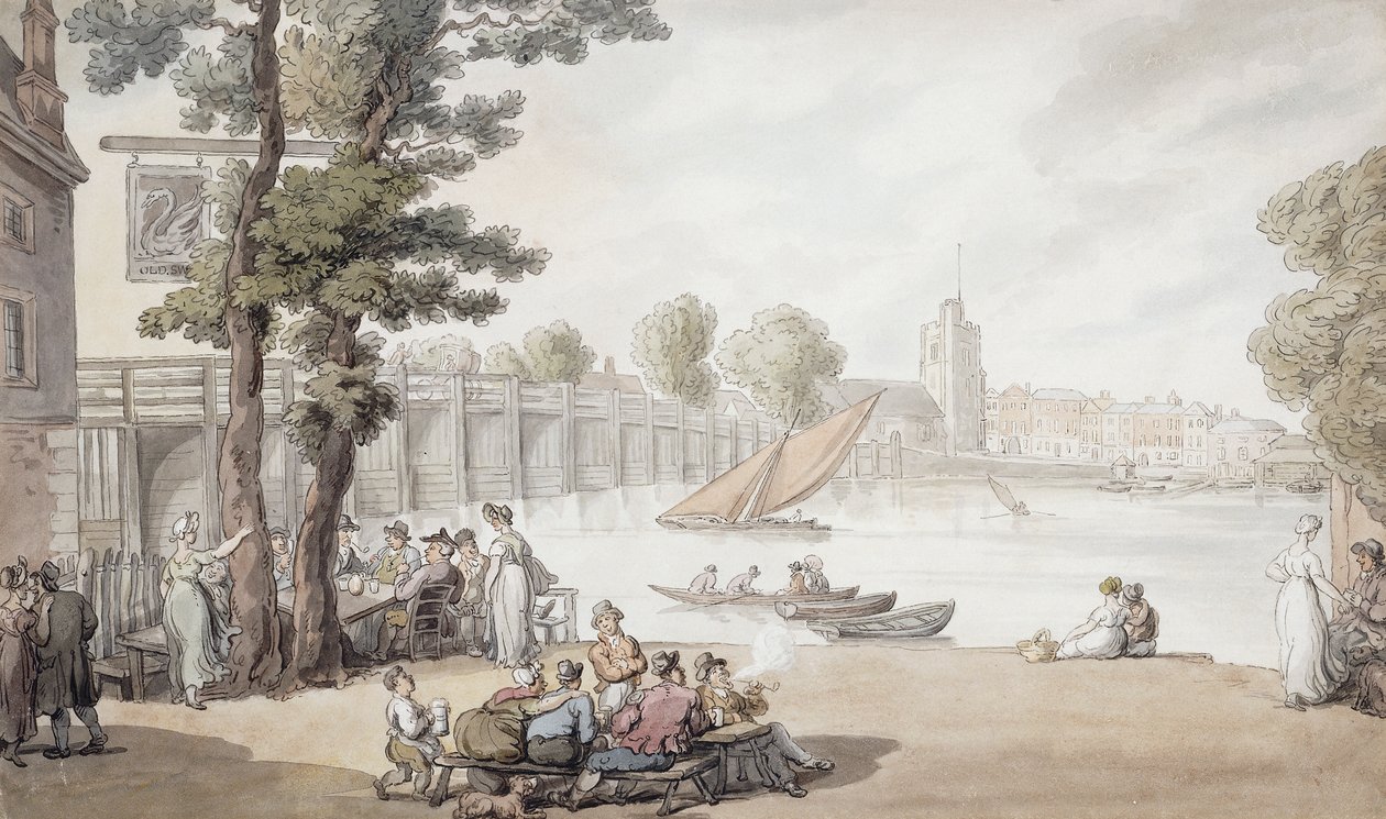 The Old Swan Inn, med udsigt over Putney bridge hinsides, af Thomas Rowlandson