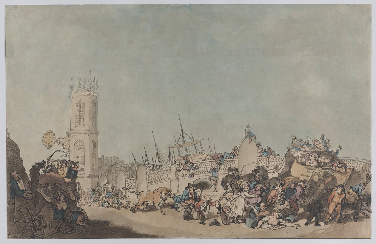 The Overdrove Ox (Den gale tyr på Westminster Bridge) af Thomas Rowlandson