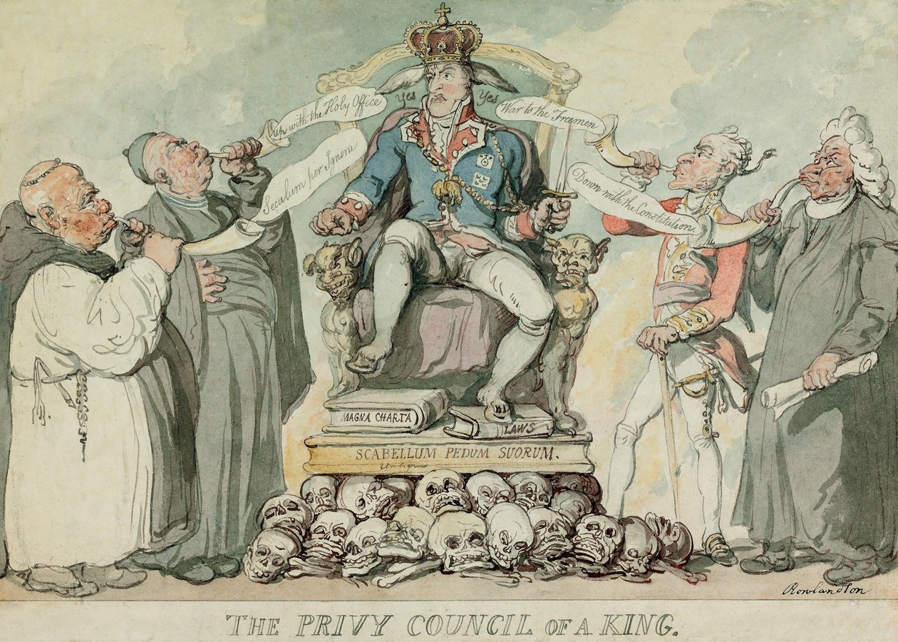 The Privy Council of a King, pub. 1815 (håndfarvet gravering) af Thomas Rowlandson
