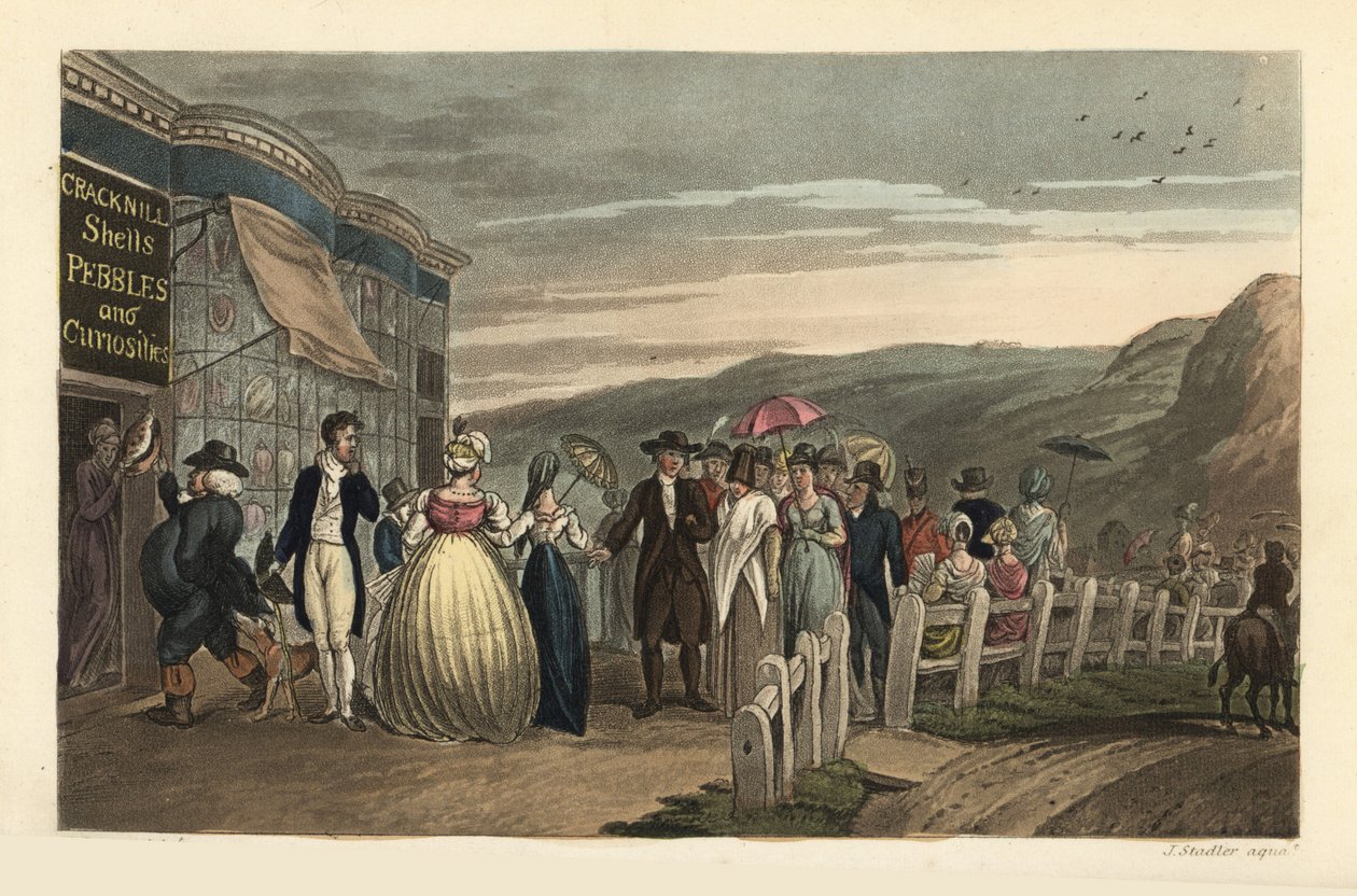The Promenade: fashionable turister, der slentrer udenfor Cracknill Shells, Pebbles and Curiosities Shop. Håndfarvet kobberstik af Thomas Rowlandson, akvatint af J.C. Stadler, efter en skitse af J. Green fra Poetical Sketches of Scarborough, Acker af Thomas Rowlandson
