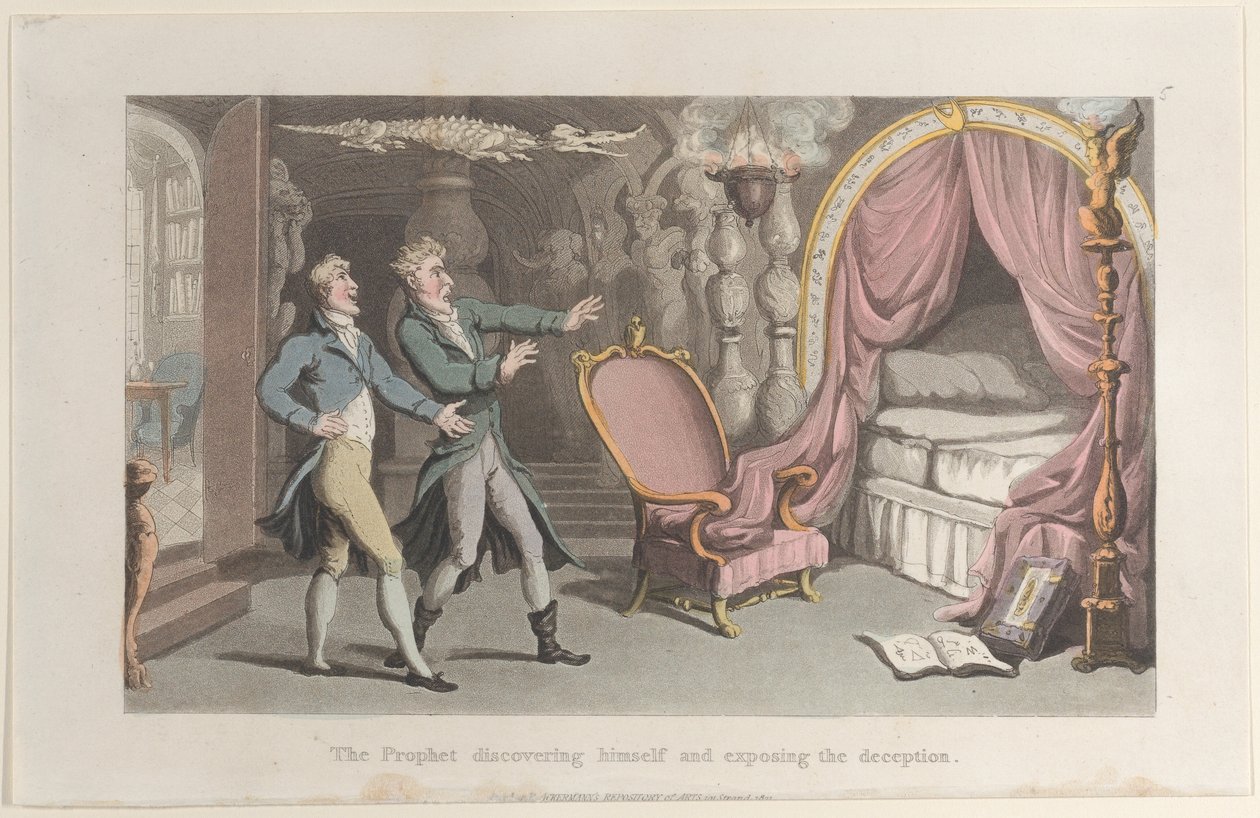 Profeten opdager sig selv og afslører bedraget, fra Journal of Sentimental T..., 1821. af Thomas Rowlandson