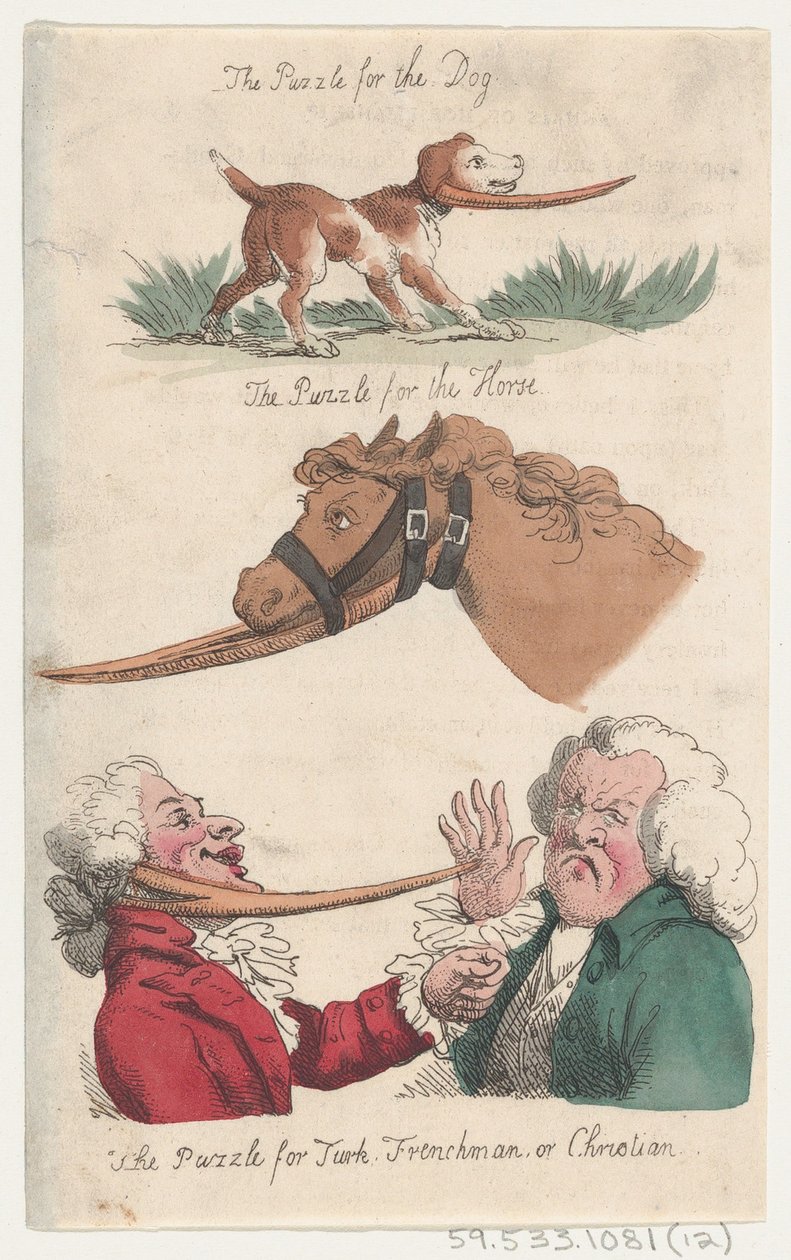Puslespillet til hunden, puslespillet til hesten, puslespillet til tyrker, franskmand eller Chris..., 1808. af Thomas Rowlandson