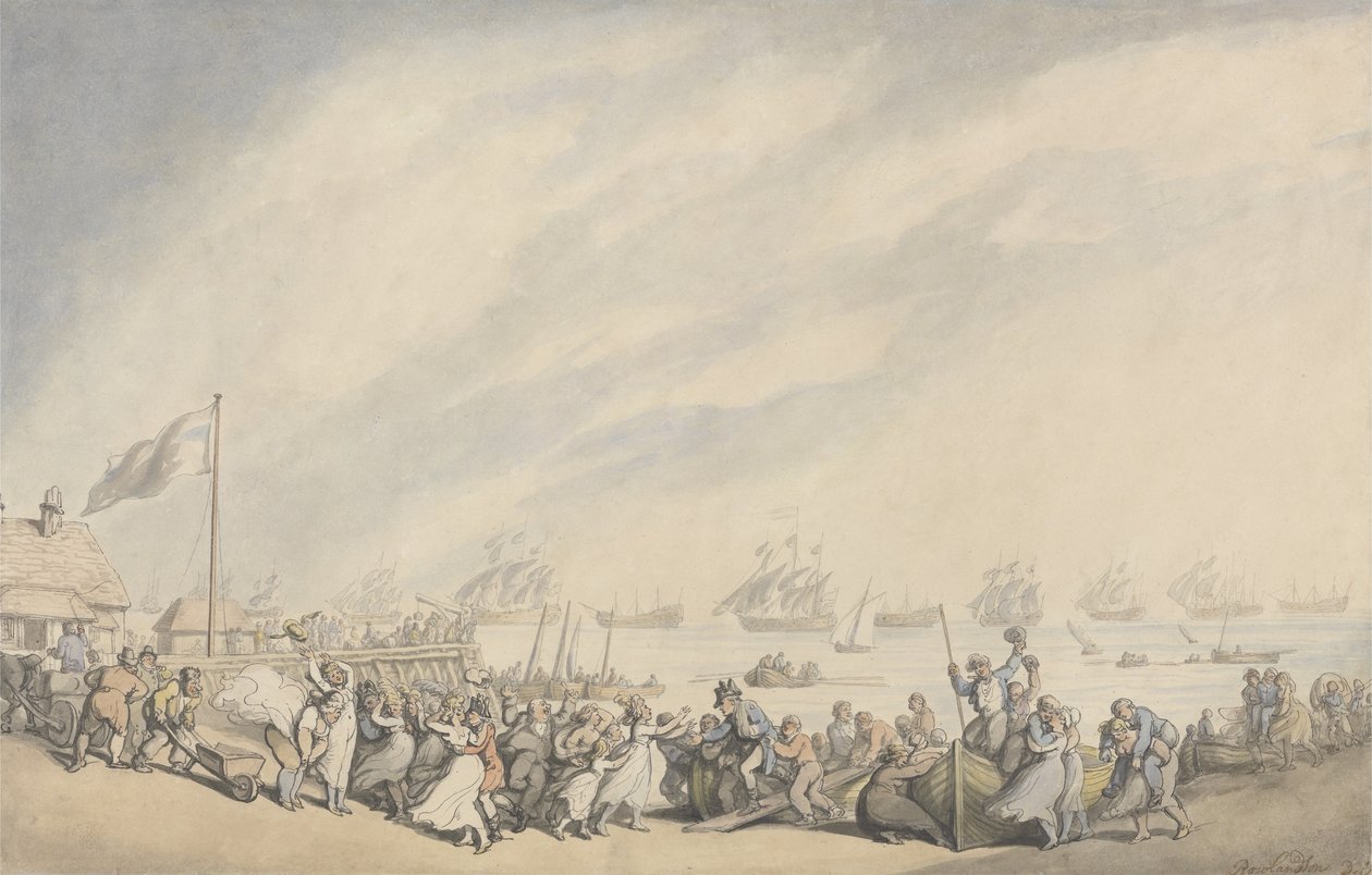 Flådens tilbagevenden til Great Yarmouth efter hollændernes nederlag i 1797, ca. 1797 (pen & blæk og akvarel på papir) af Thomas Rowlandson