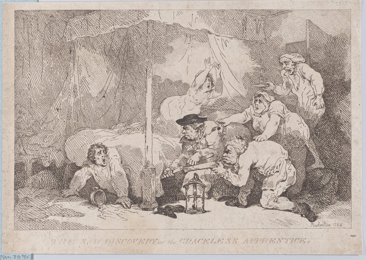 Den sørgelige opdagelse af den takløse lærling af Thomas Rowlandson