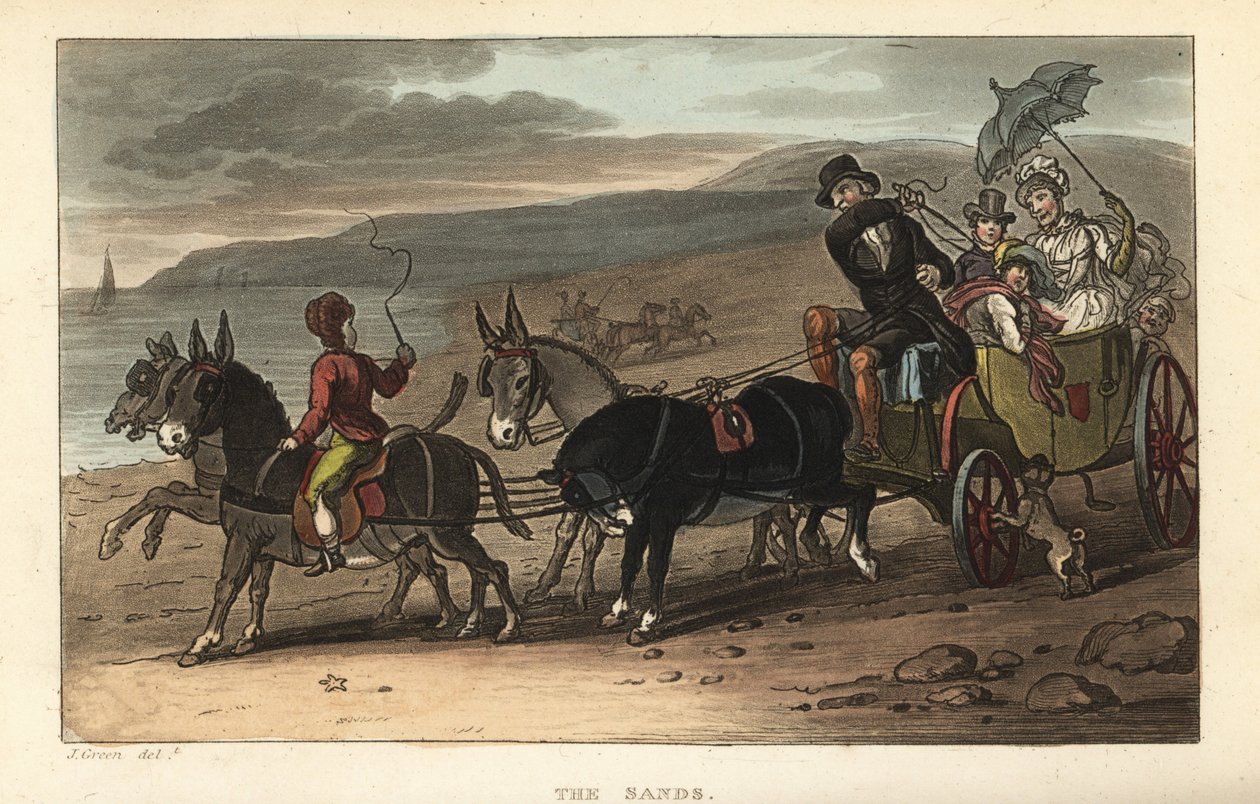 The Sands: turister i en barouche tegnet af æsler på stranden. Håndfarvet kobberstik af Thomas Rowlandson efter en skitse af J. Green fra Poetical Sketches of Scarborough, Ackermann, London af Thomas Rowlandson