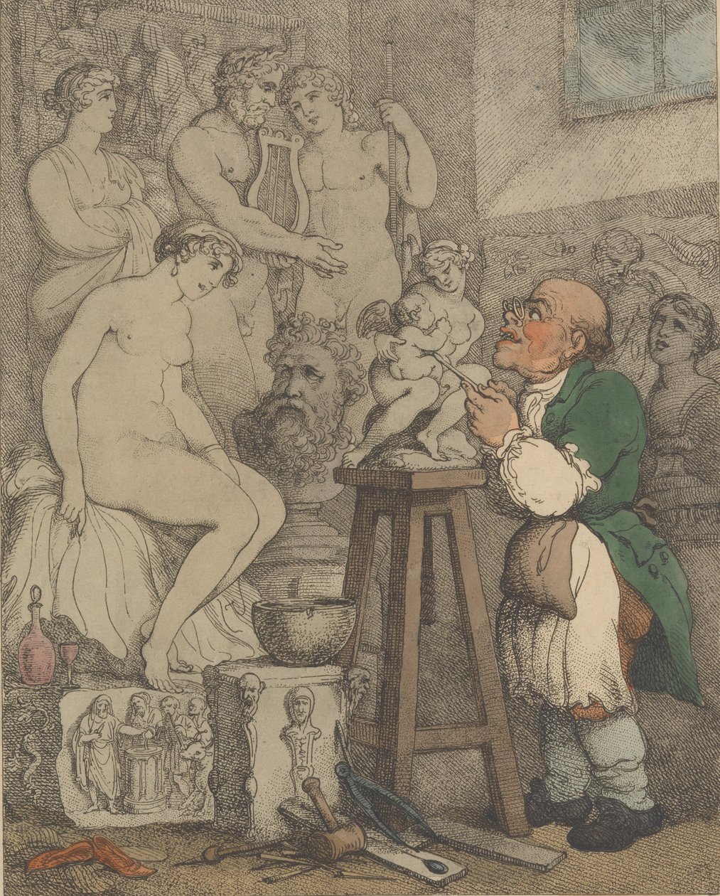 Billedhuggeren [Forberedelser til Akademiet, Gamle Joseph Nollekens og hans Venus], ca. 1800., ca. 1800 af Thomas Rowlandson