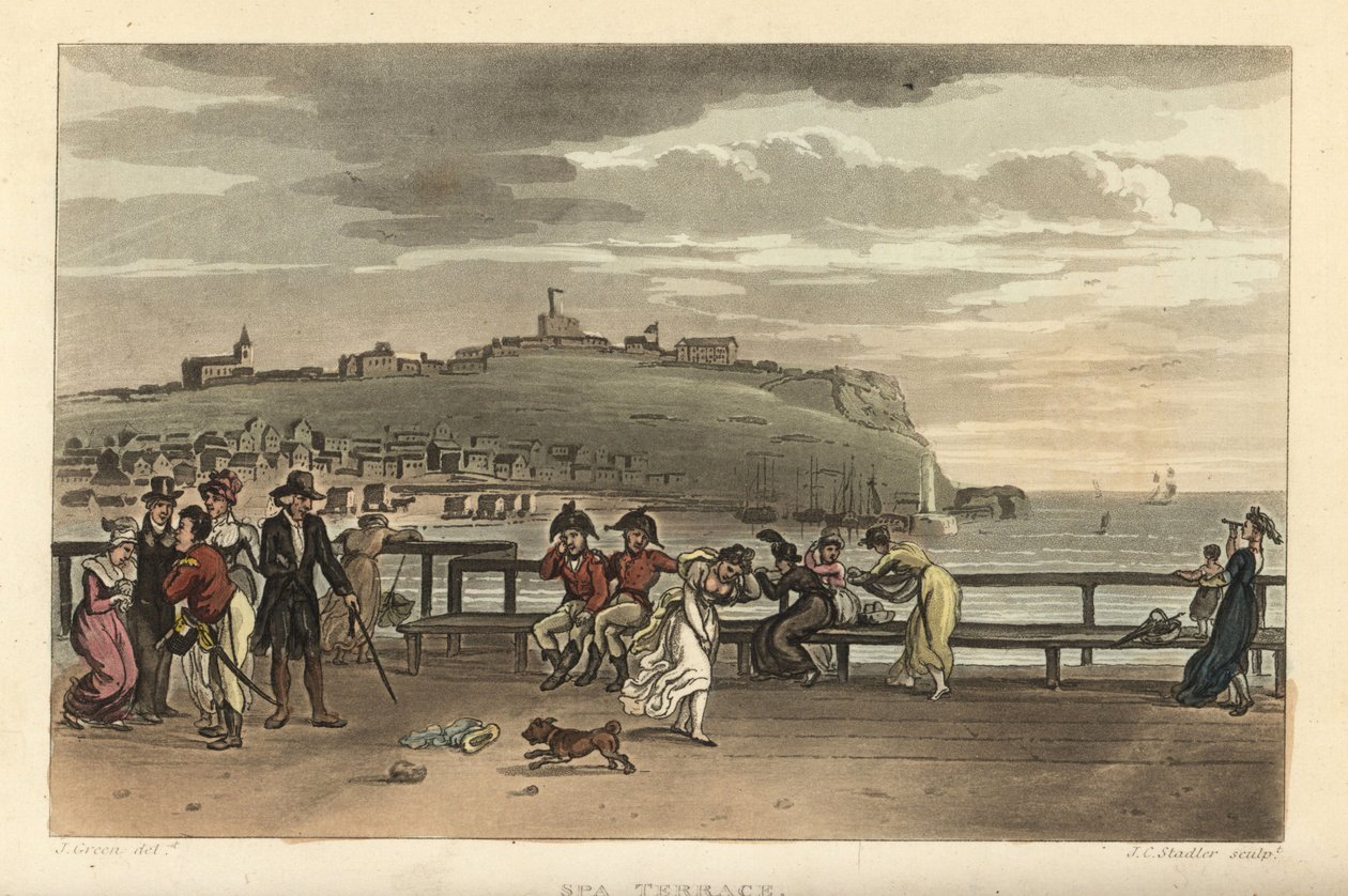 The Spa Terrace: turister, der går en tur på en blæsende dag på Cliff Terrace. Håndfarvet kobberstik af Thomas Rowlandson, akvatint af J. C. Stadler, efter en skitse af J. Green fra Poetical Sketches of Scarborough, Ackermann, London af Thomas Rowlandson