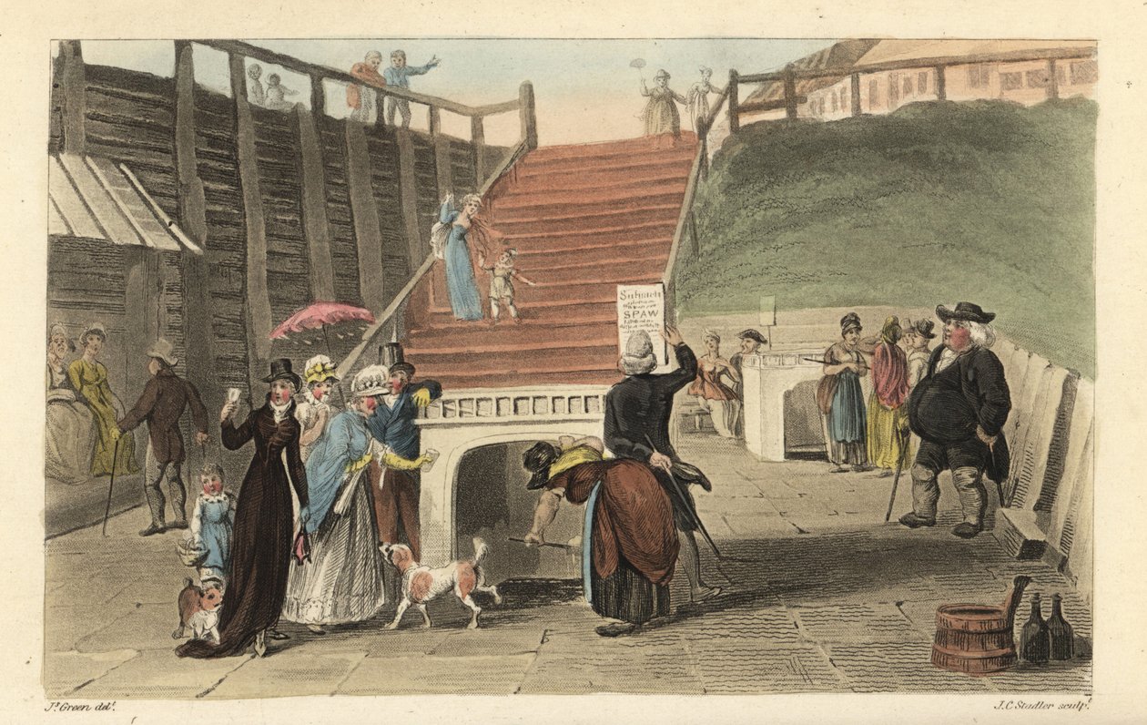 The Spa Wells: Turister, der drikker spa-vandet fra brøndene ved Scarborough Spaw. Håndfarvet kobberstik af Thomas Rowlandson, akvatint af J. C. Stadler, efter en skitse af J. Green fra Poetical Sketches of Scarborough, Ackermann, London af Thomas Rowlandson