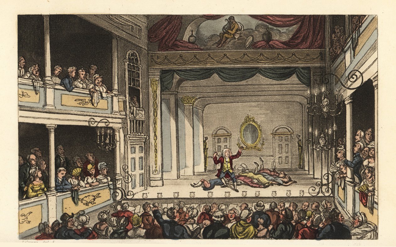 Teatret: Turister, der nyder et skuespil på Scarborough Theatre. Håndfarvet kobberstik af Thomas Rowlandson efter en skitse af J. Green fra Poetical Sketches of Scarborough, Ackermann, London af Thomas Rowlandson
