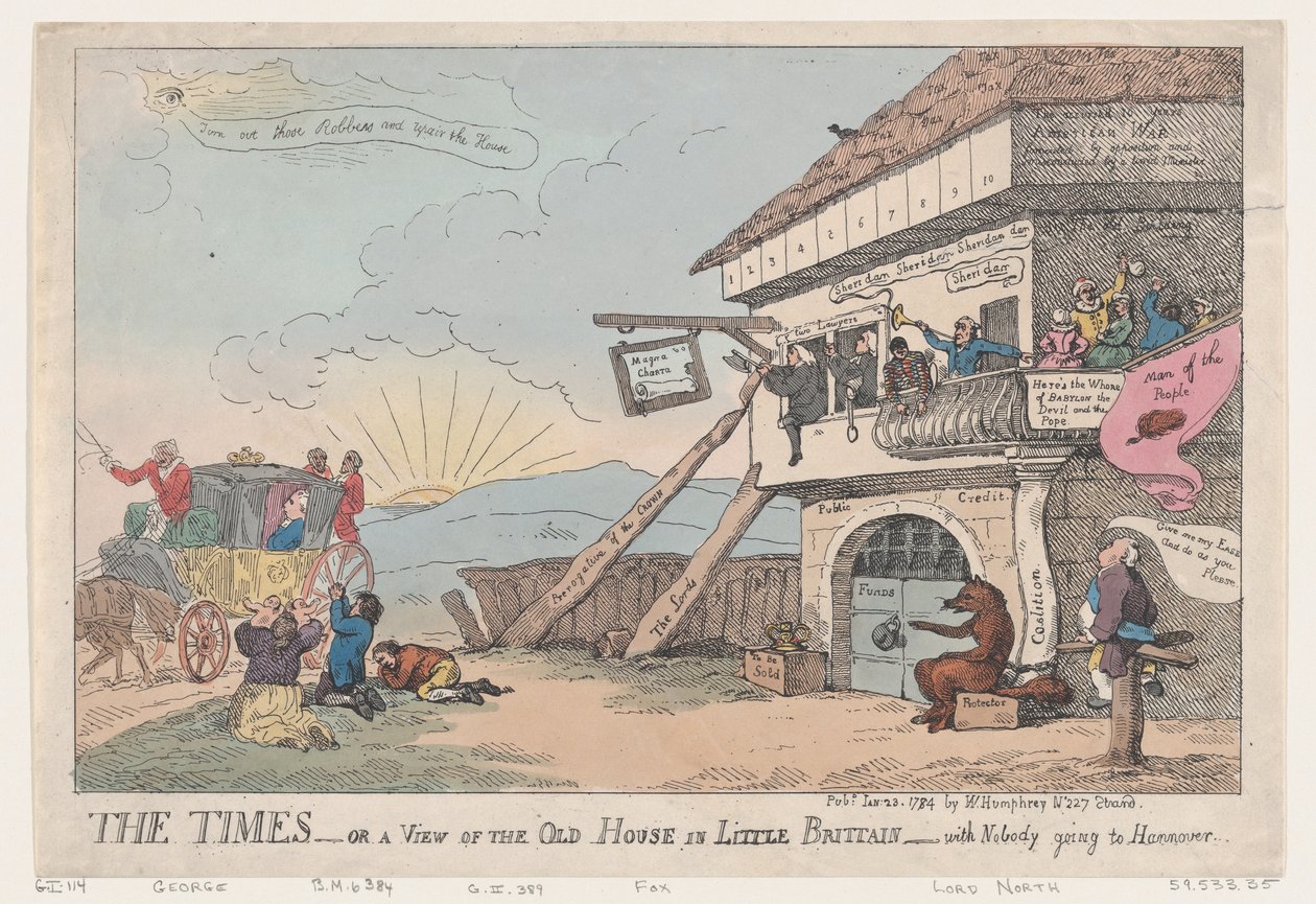The Times - eller en udsigt over det gamle hus i lille Storbritannien - med ingen på vej ..., 23. januar 1784. af Thomas Rowlandson