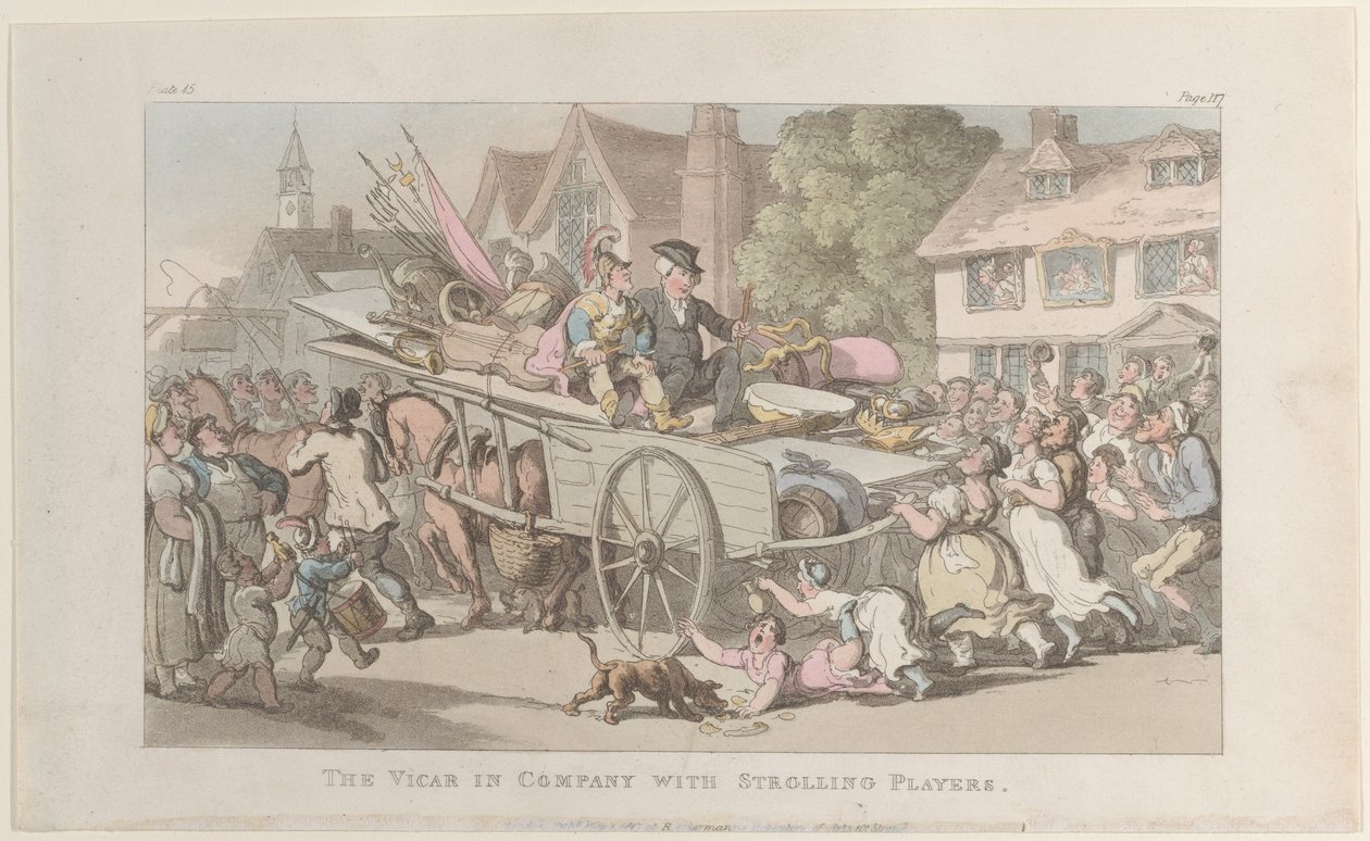 Vicaren i selskab med spadserende spillere, fra The Vicar of Wakefield, 1. maj, ..., 1. maj 1817. af Thomas Rowlandson